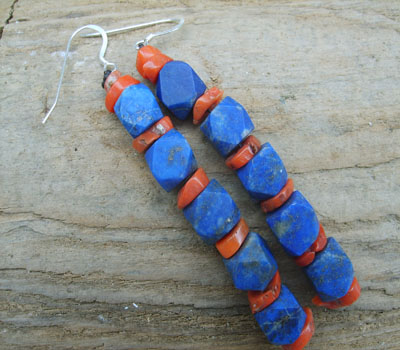 Lapis and Coral Stack Earrings- long and sleek -B